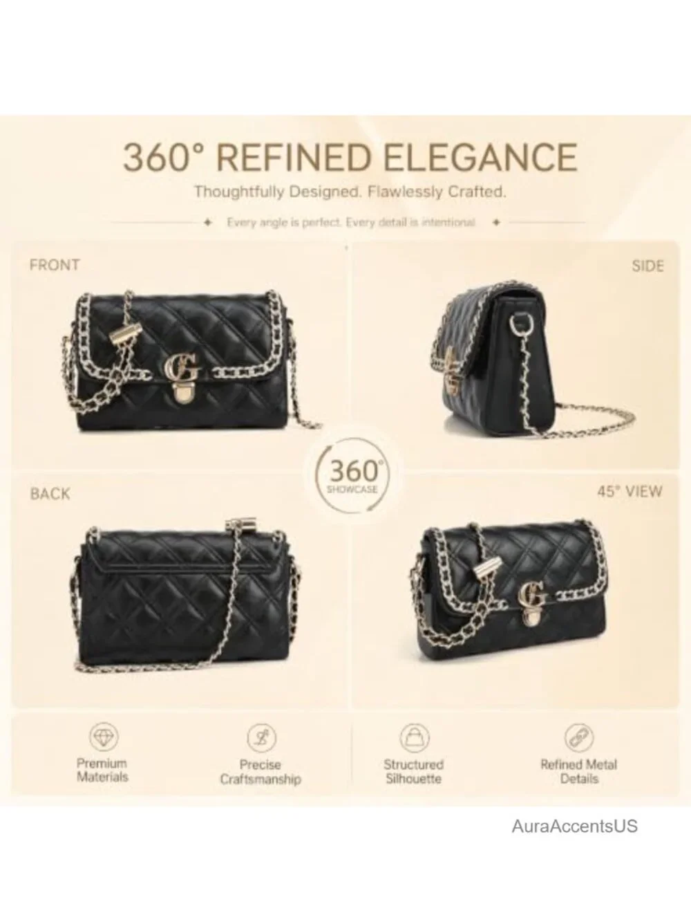 Quilted Crossbody Bag, Small Chain Shoulder Purse with Gold Hardware